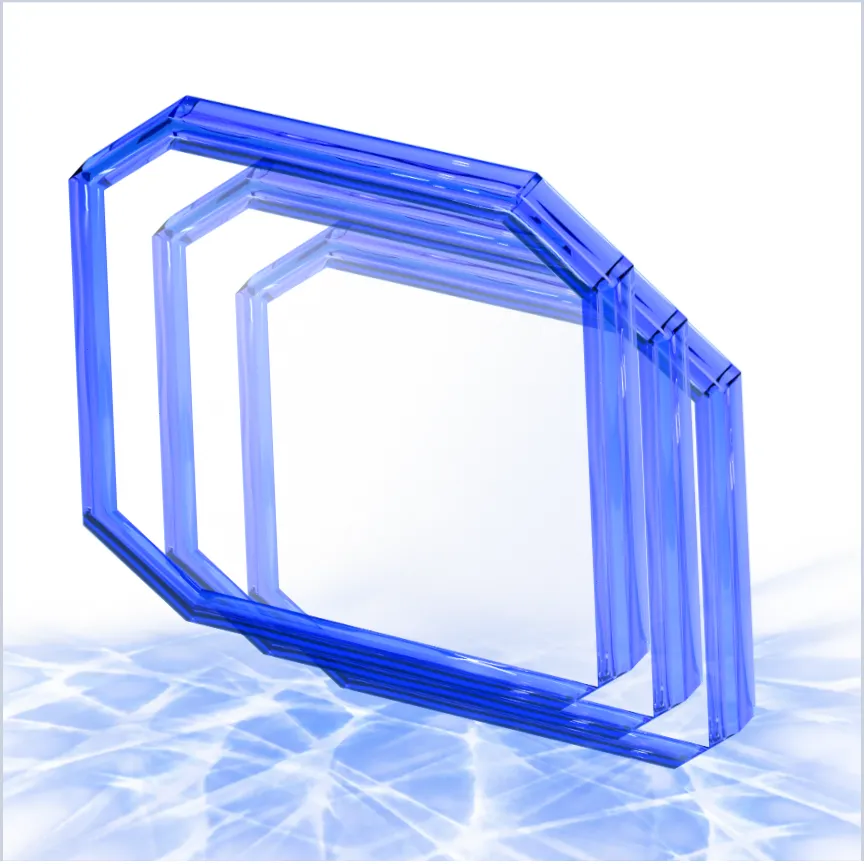 Three clear cobalt glass panes in a compact stack.
