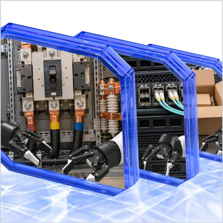 Glass panes reveal electrical cabinet inspection, datacenter service and distribution-center packout.