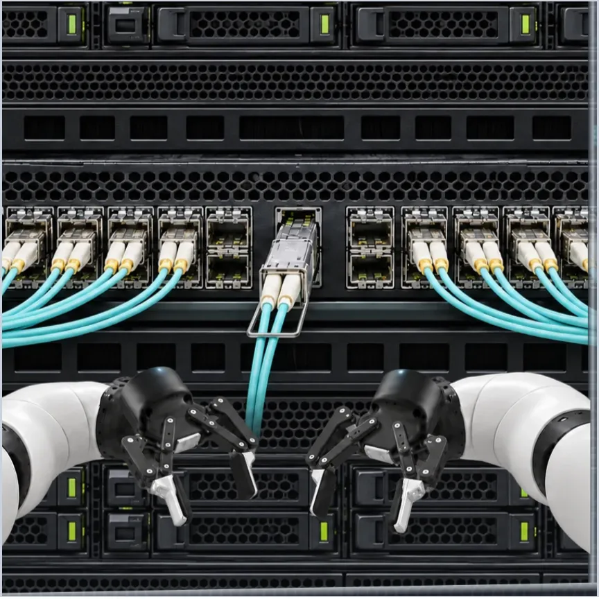 Datacenter concept fills the view, with robot arms in the foreground.