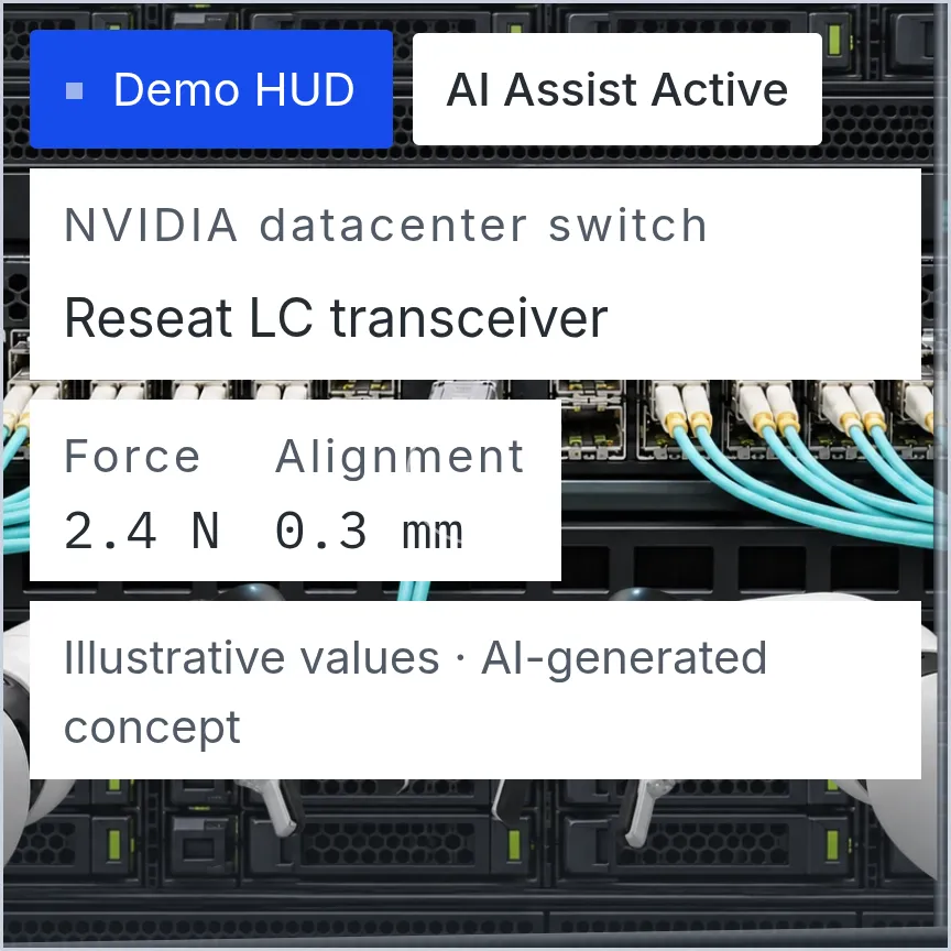 Demo HUD with Force, Alignment and AI Assist Active over an LC transceiver reseating concept.