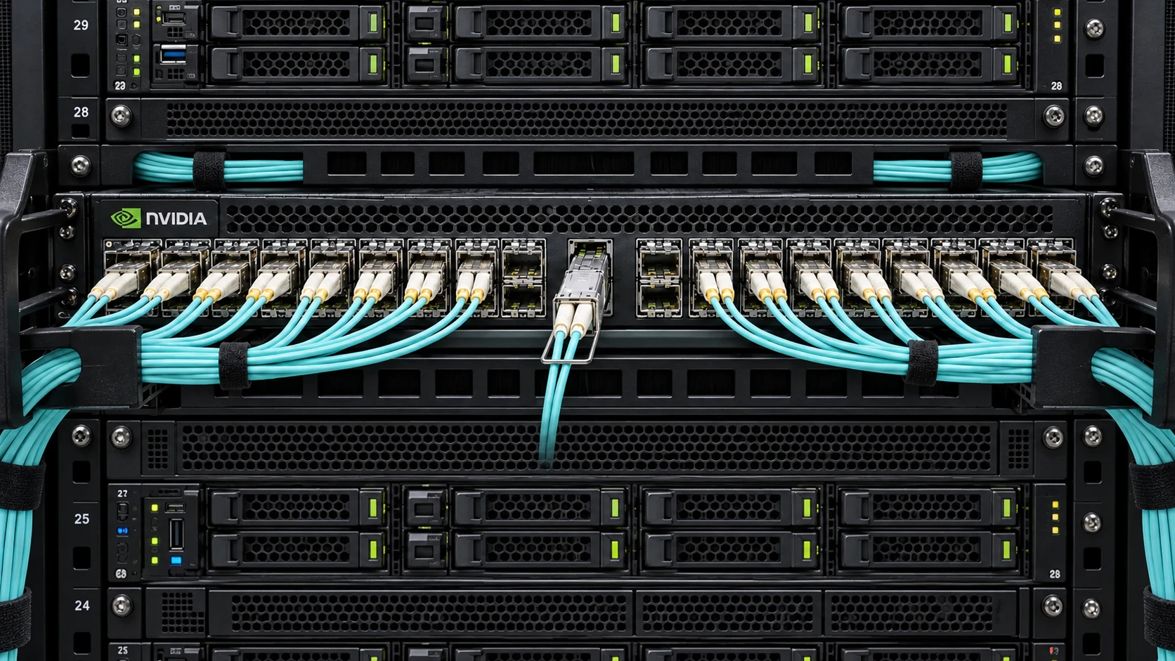 Illustrative LC fiber transceiver reseating at an NVIDIA datacenter switch, viewed from robot eye level.